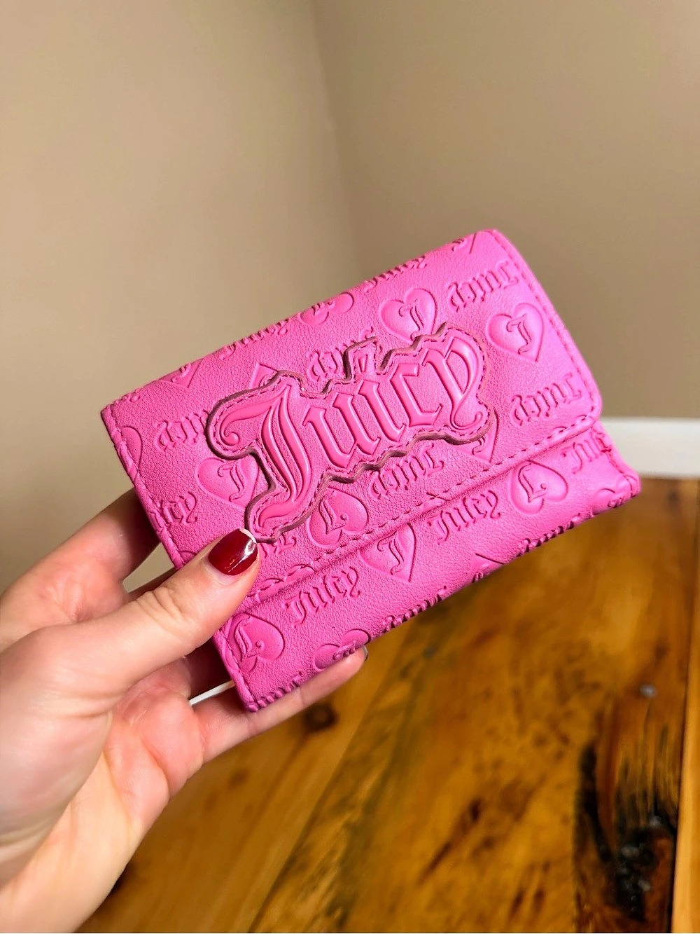 Juicy Couture Pink Debossed Logo Trifold Wallet with Heart Charm